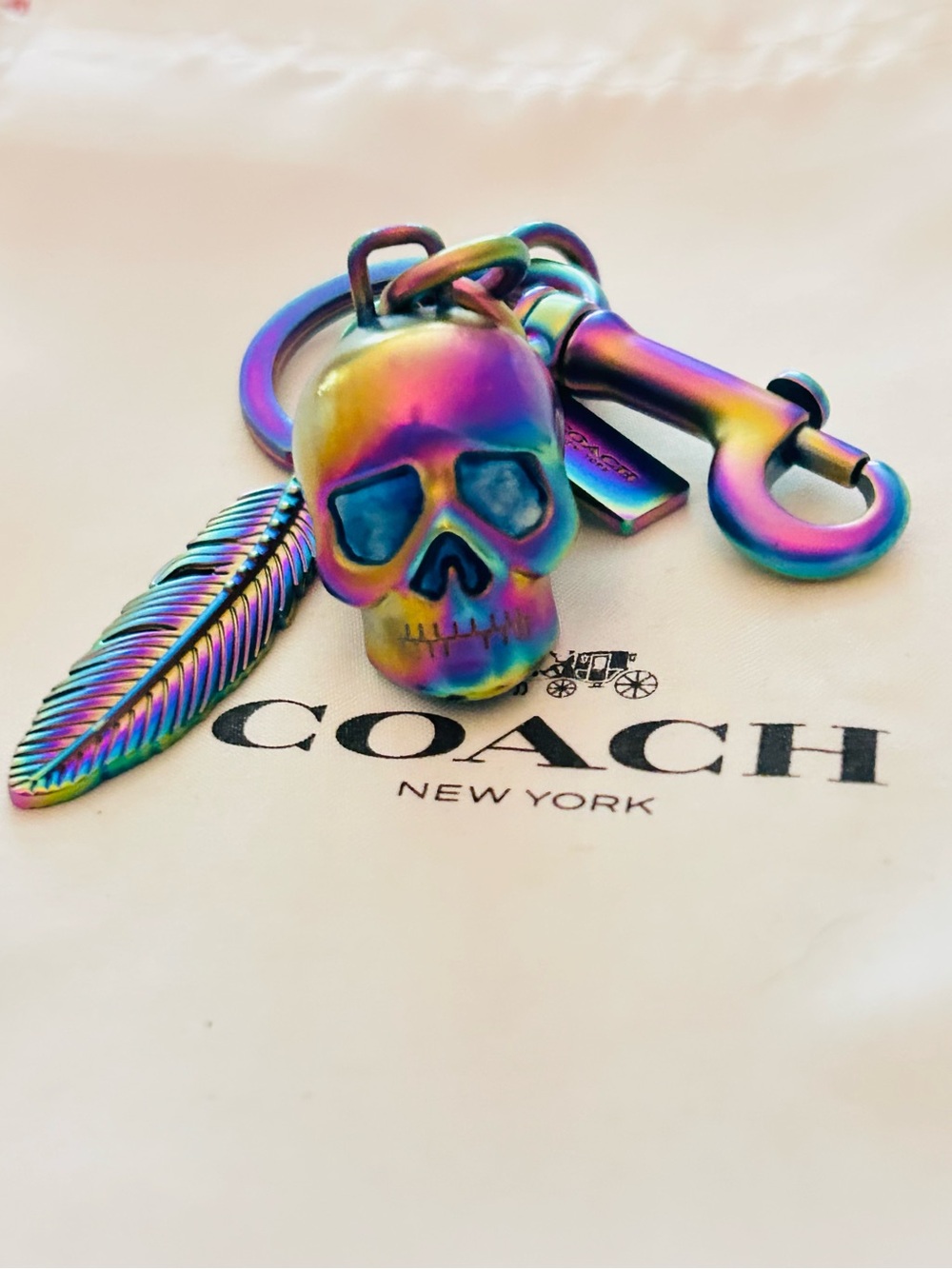 EXTREMELY RARE Coach Rainbow Oil Slick Skull/ Feather Keychain/ Bag Charm